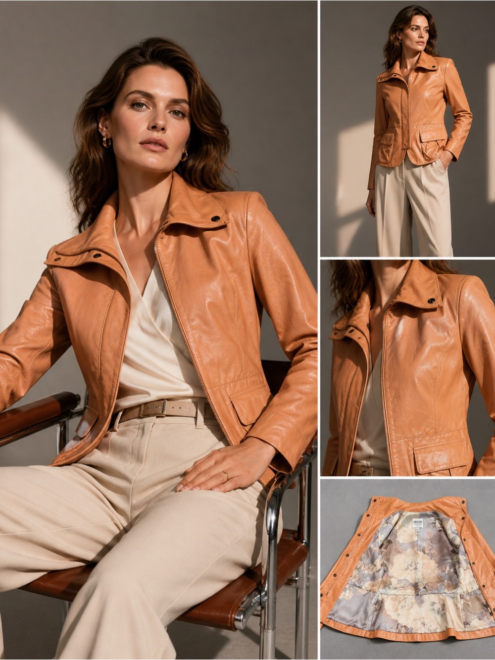 Armani Collezioni Lambskin‎ Leather Jacket Silk Lined Peach Italy Womens 4